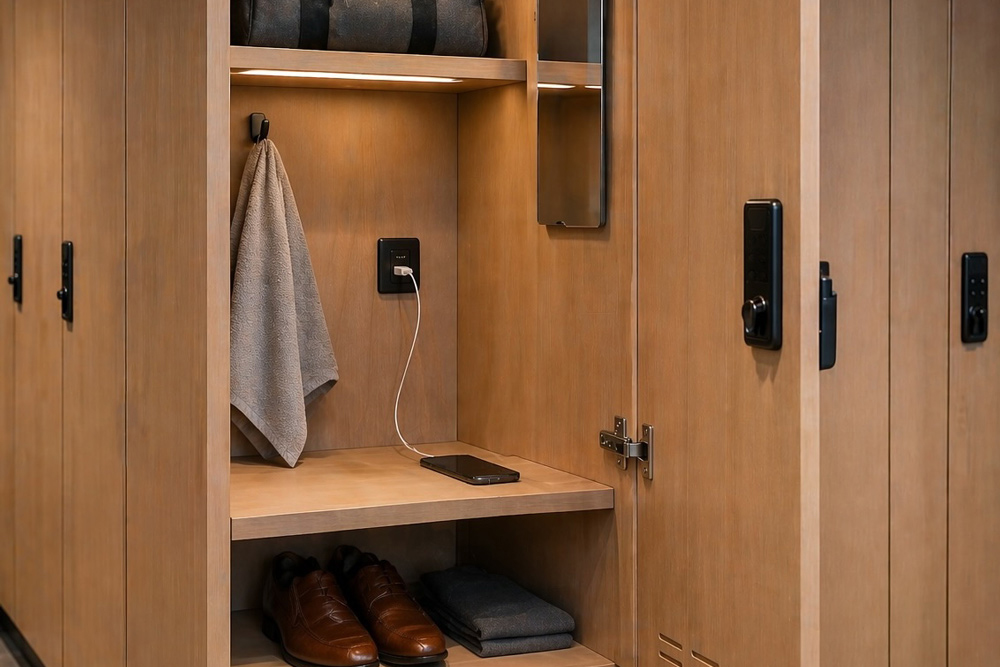Taquilla Fenolock equipado con espacio para ropa, calzado, objetos personales y solución de carga integrada